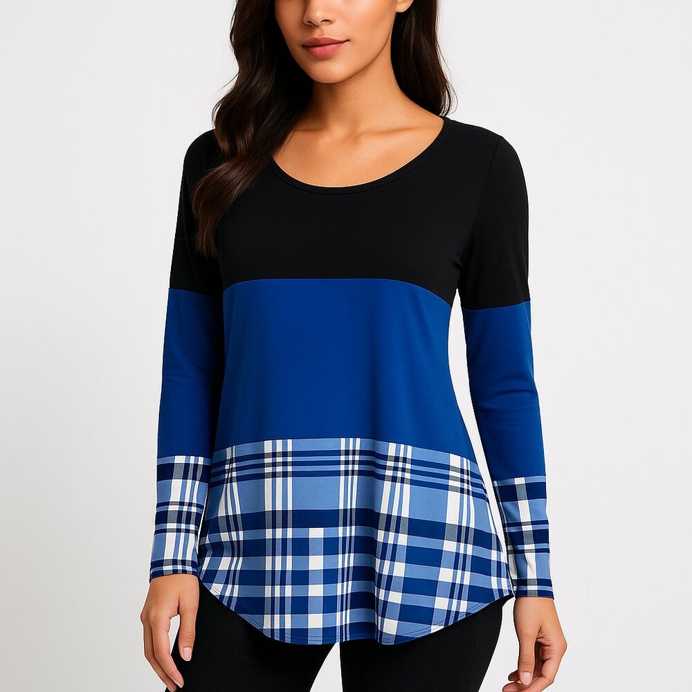 Easther (Size: S) Women's Long Sleeve Colorblock Plaid Tunic Top (NWOT)